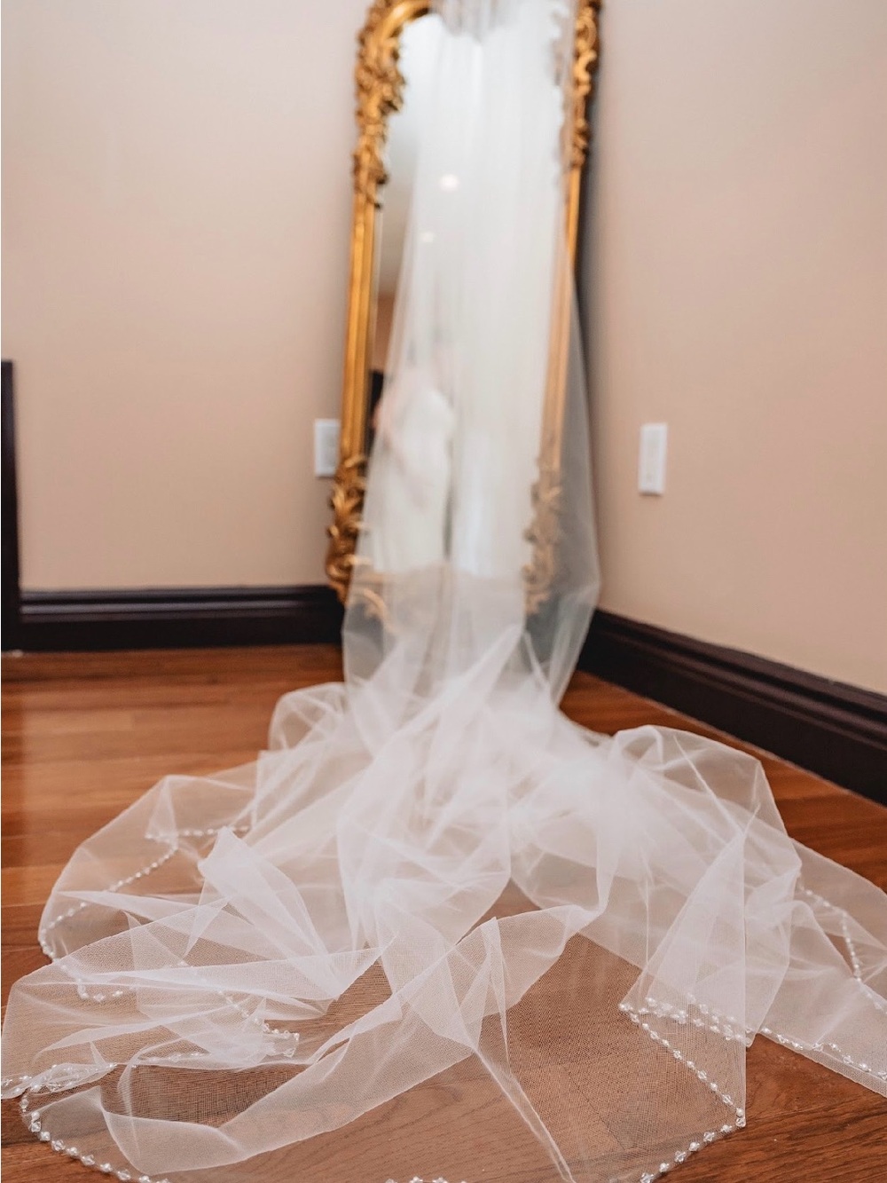 Edward Berger Sheer White Bridal Long Veil with Pearl Trim